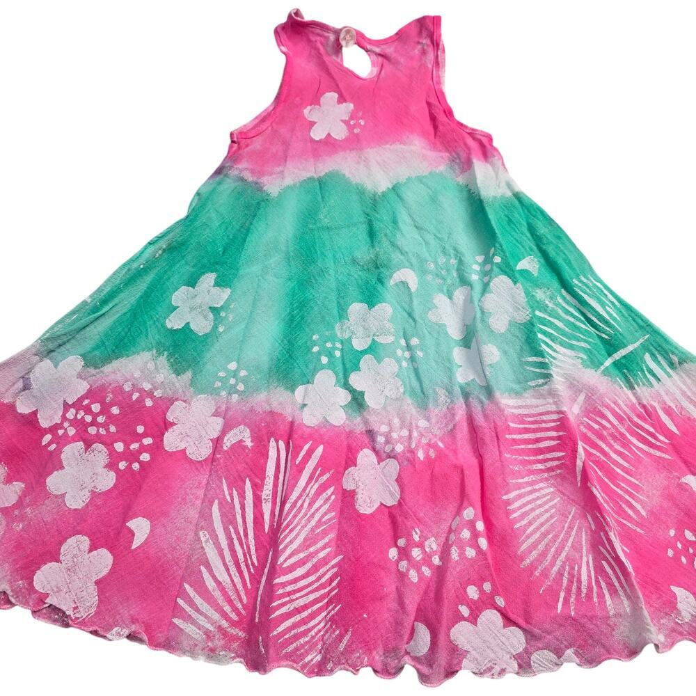 Crazy Fish Girls Sundress 7-8 Pink Floral Hand Painted Tropical Hawaiian Dress